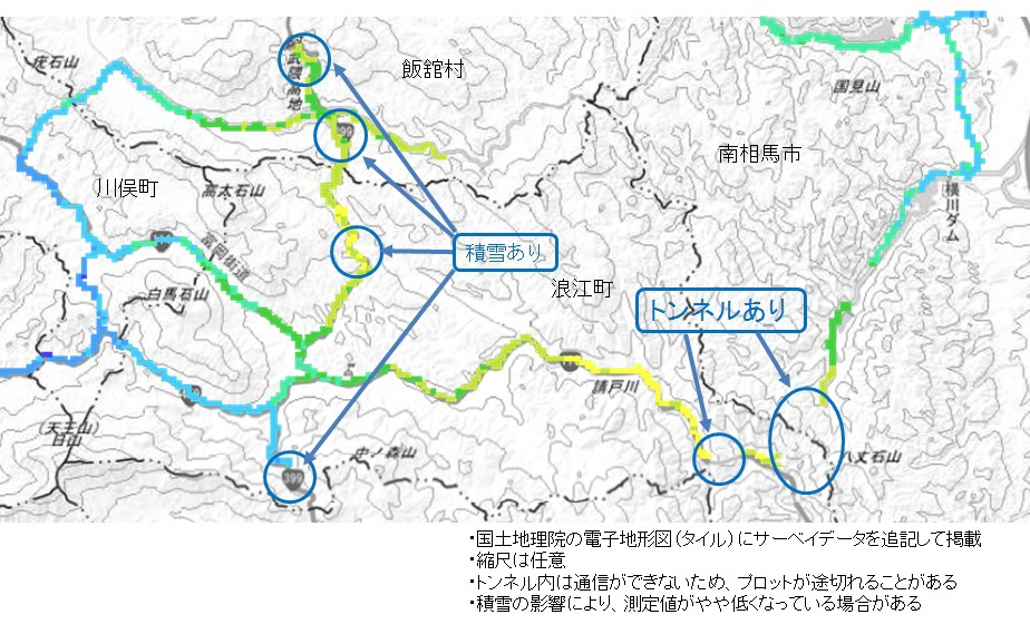 飯舘村(南部)・浪江町(西部)の走行サーベイ結果マップ（平成29年1月10日）