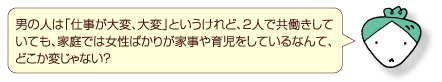 男の人は「仕事が大変、大変」というけれど、2人で共働きしていても、家庭では女性ばかりが家事や育児をしているなんて、どこか変じゃない